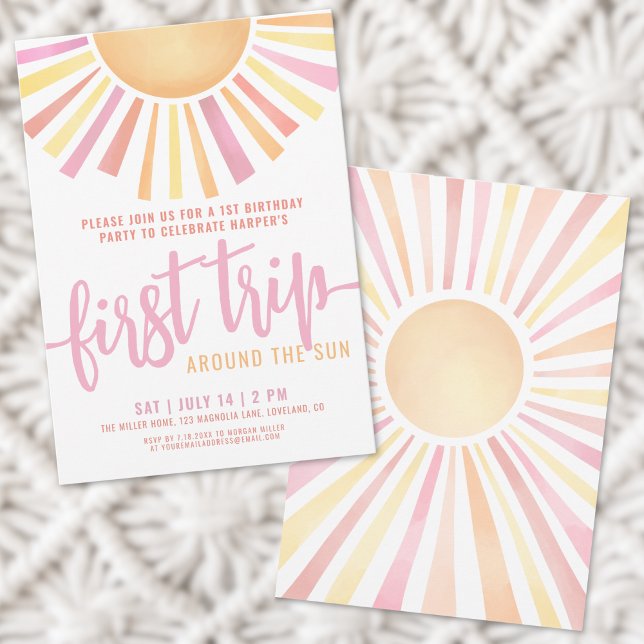 Erste Reise um die Sonne Rosa 1. Geburtstag Einladung (First Trip Around The Sun Pink 1st Birthday Invitation)