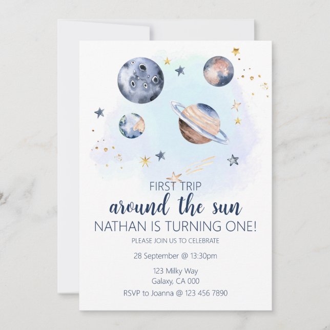 Erste Reise um die Sonne zum Geburtstag Einladung (Vorderseite)