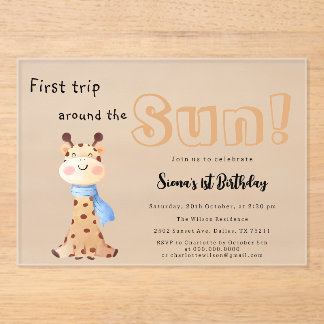 Erste Reise um die Sun Giraffe 1. Geburtstag Acryleinladungen