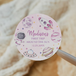 Erste Reise um die Sun Girl Space 1. Geburtstag Runder Aufkleber