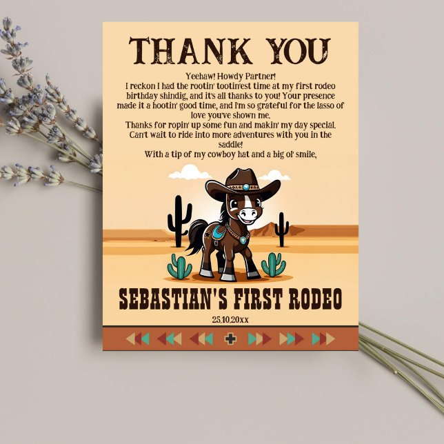Erste Rodeo Geburtstagsparty danke Karte (First rodeo birthday party thank you cards cute cowboy horse wild west themed birthday thank you)