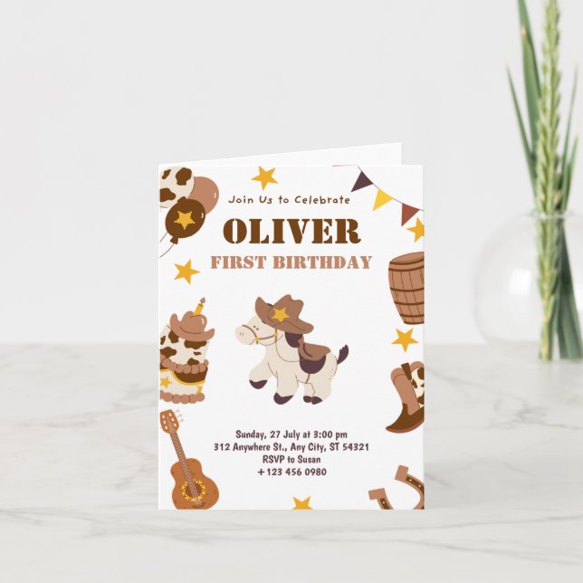 Erste Rodeo Kinder am Geburtstag 1. Einladung (Vorderseite)