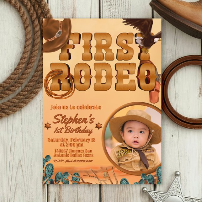 Erste Rodeo mit Foto Einladung (First Rodeo -  Boy 1st Birthday Cowboy Invitation with Picture)