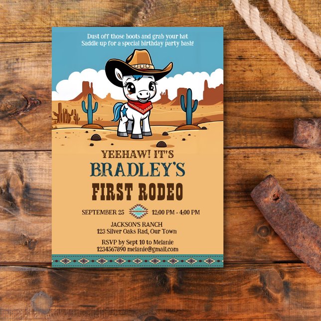 Erste Rodeo niedlich Cowboy-Geburtstagsparty Einladung (First rodeo cute baby cowboy horse birthday party template invitation instant download western theme)