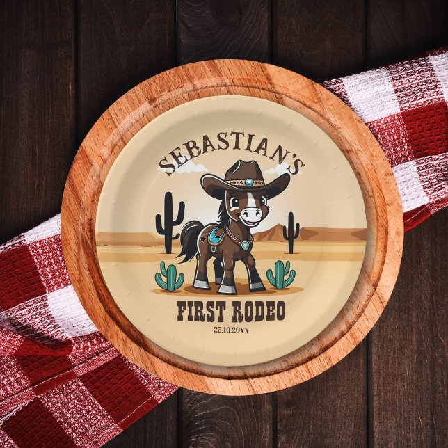 Erste Rodeo niedlich Cowboy-Geburtstagsparty Pappteller (First rodeo western birthday party tableware personalized plates cute cowboy baby horse Arizona)