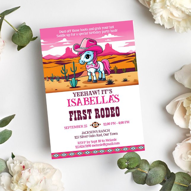 Erste Rodeo niedlich Cowgirl Kindergeburtsfeier Ge Einladung (First rodeo pink cowgirl baby horse birthday party template invitation digital download wild west)