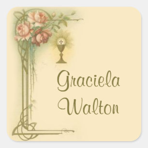 Erste Rose der Heiligen Kommunion Chalice Quadratischer Aufkleber