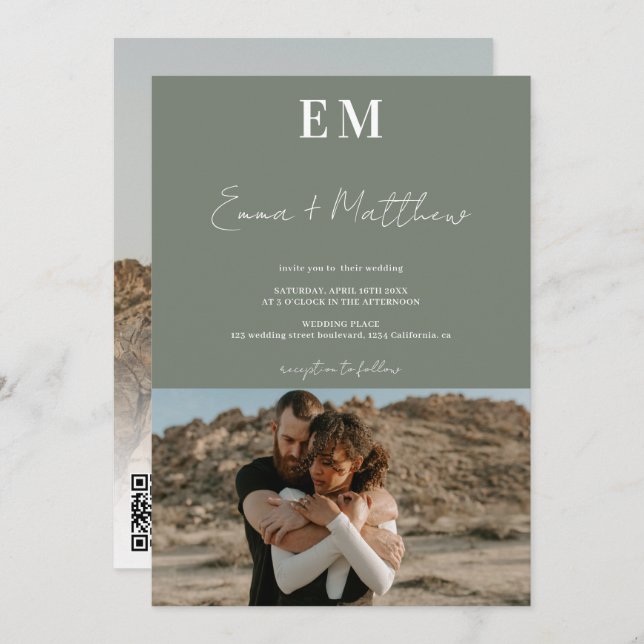 Erste Schritte grün schlicht 2 Fotos qr Hochzeit Einladung (Vorne/Hinten)
