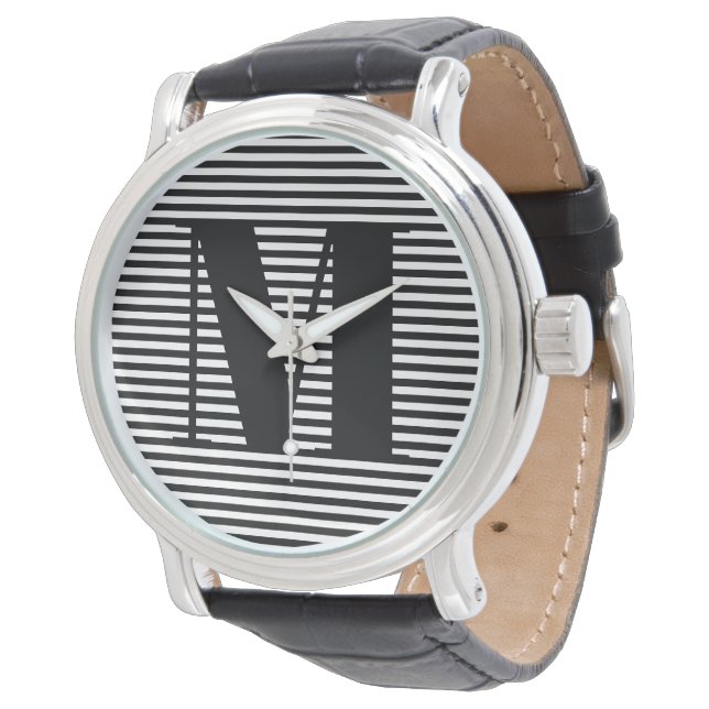 Erste Schwarz-weiße Streifen in Monogramm anpassen Armbanduhr (Schrägansicht)