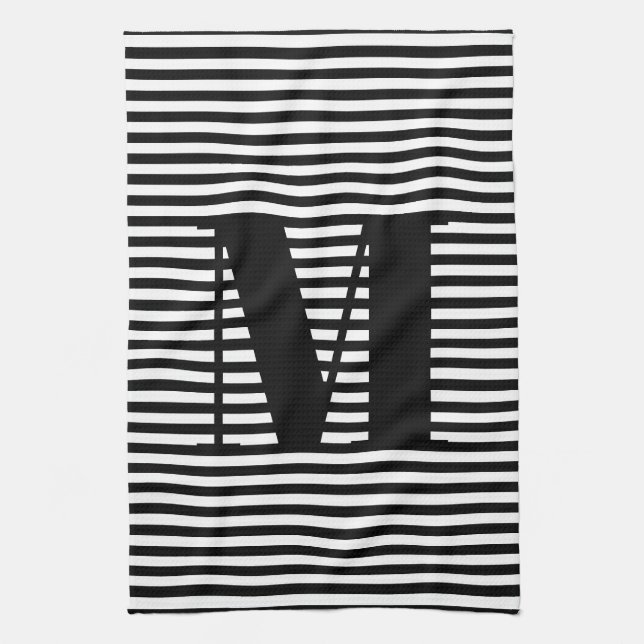 Erste Schwarz-weiße Streifen in Monogramm anpassen Geschirrtuch (Vertikal)