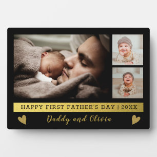 Erste Vatertag 3 Foto Collage Schwarz und Gold Fotoplatte
