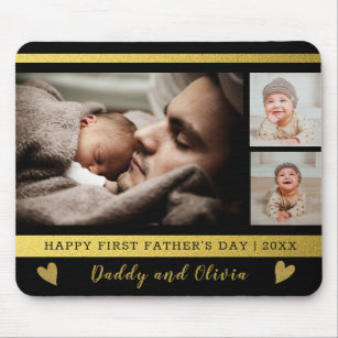 Erste Vatertag 3 Foto Collage Schwarz und Gold Mousepad