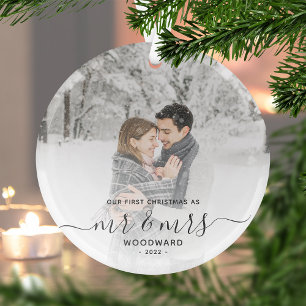 Erste Verheiratete Weihnachts Custom Foto Grau Scr Ornament Aus Glas