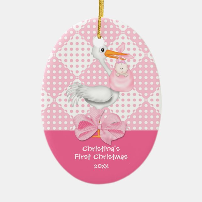 Erste Verzierung des Baby-Storch-Babys Weihnachts Keramik Ornament (Vorne)