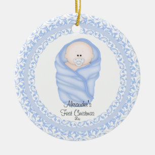 Erste Verzierung des blauen Baby-Babys Weihnachts Keramikornament