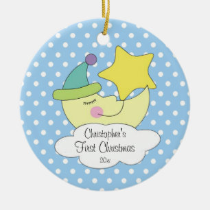 Erste Verzierung des blauer Mond-Babys Weihnachts Keramikornament