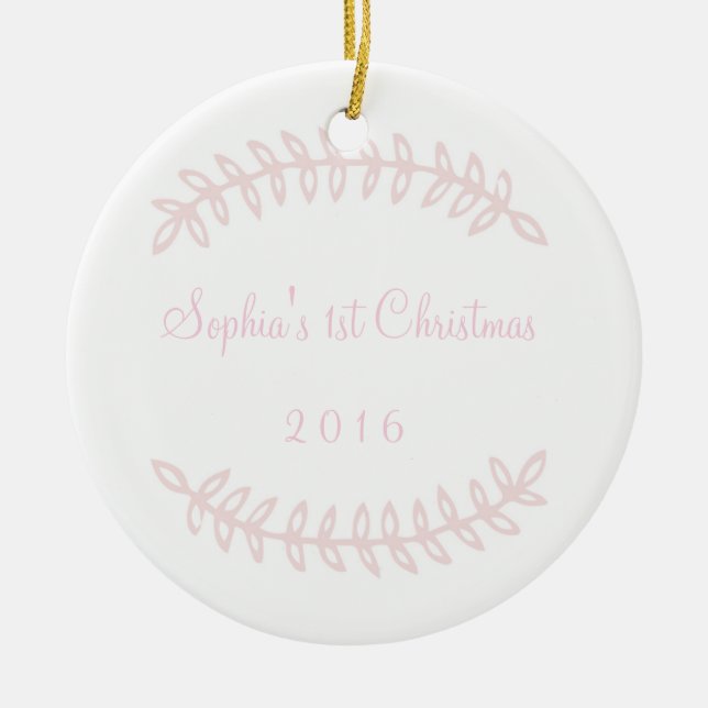 Erste Verzierung des rosa Grenzbabys Weihnachts Keramikornament (Vorne)