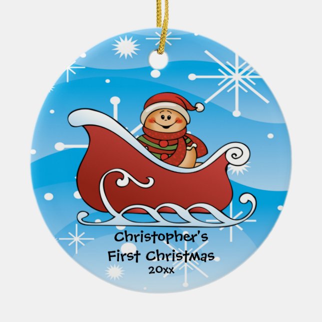 Erste Verzierung des Schnee-Pferdeschlitten-Babys Keramikornament (Vorne)