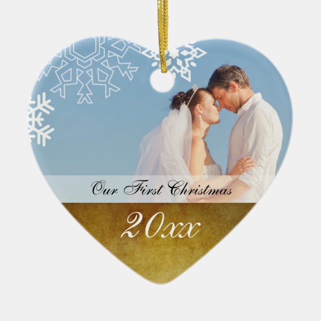 Erste Verzierung des Vintagen Paares Weihnachts Keramikornament (Vorne)