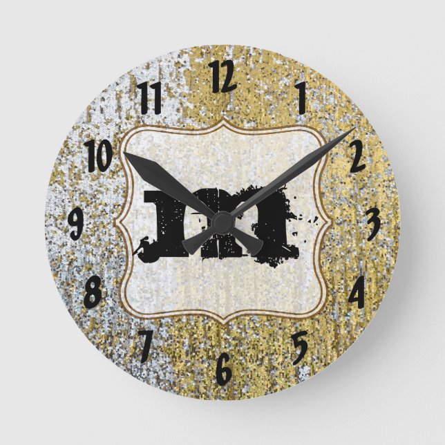 Erste Wand-Uhr für Gold und Silber-Grunge Monogram Runde Wanduhr (Vorderseite)