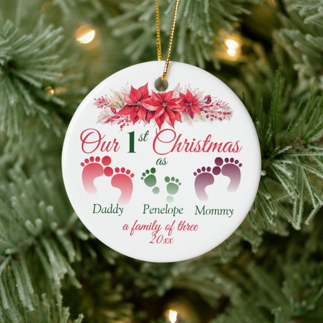 Erste Weihnachten als Familie von 3 Poinsettia Keramik Ornament (Baum)
