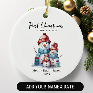 Erste Weihnachten als Familie von drei Schneemänne Keramik Ornament