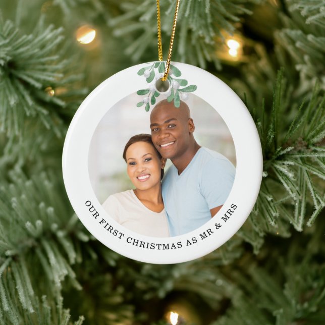 Erste Weihnachten als Foto Mistletoe Keramik Ornament (Baum)