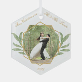 Erste Weihnachten als Foto und Goldene Grüne Ornament Aus Glas
