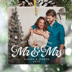 Erste Weihnachten als Foto von Herrn und Frau Keramikornament