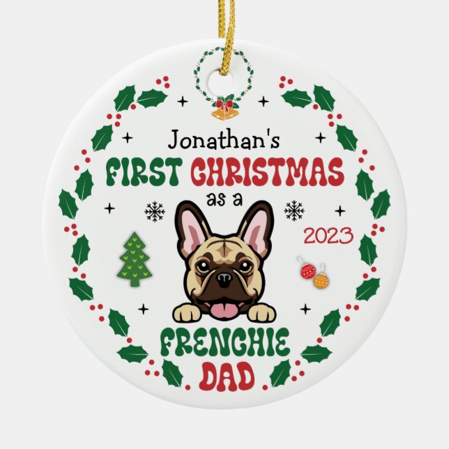 Erste Weihnachten als französischer Bulldoggen-Vat Keramik Ornament (Vorne)