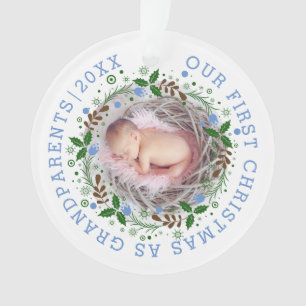 Erste Weihnachten als Großeltern blaues Foto Ornament