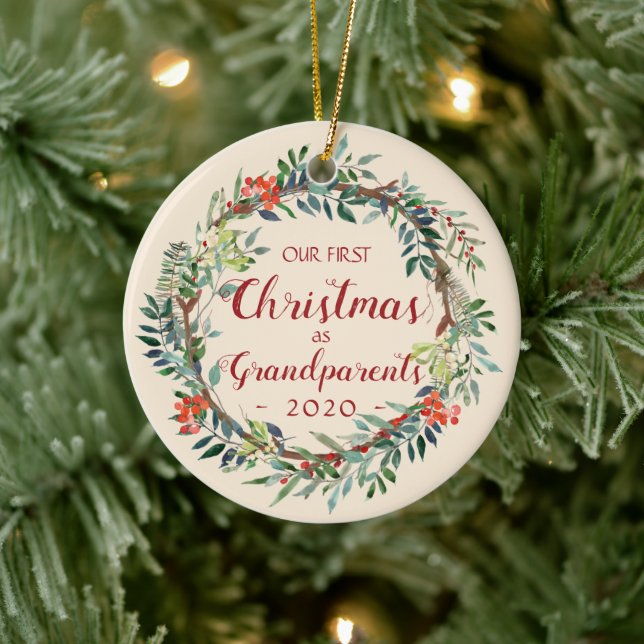 Erste Weihnachten als Großeltern Elfenbein Foto Keramik Ornament (Baum)