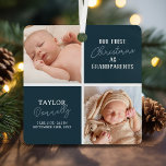 Erste Weihnachten als Großeltern Foto Blue Ornament Aus Metall<br><div class="desc">Moderne neue Baby-Weihnachtsschmuck mit 2 Fotos der neugeborenen,  trendigen blauen Plätze,  mit dem Sprichwort "Unsere ersten Weihnachten als Großeltern",  dem Babynamen und den Geburtsdaten.</div>