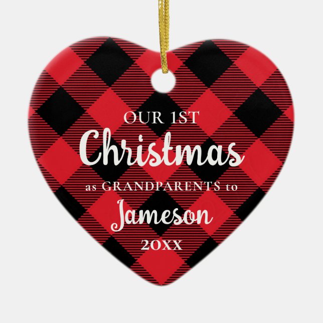 Erste Weihnachten als Großeltern Kariertes Herzklo Keramik Ornament (Vorne)