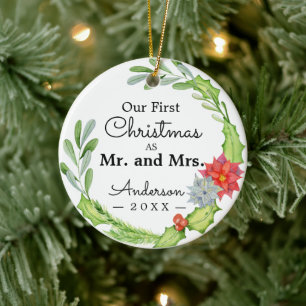 Erste Weihnachten als Herr und Frau Floral Wreath Keramik Ornament