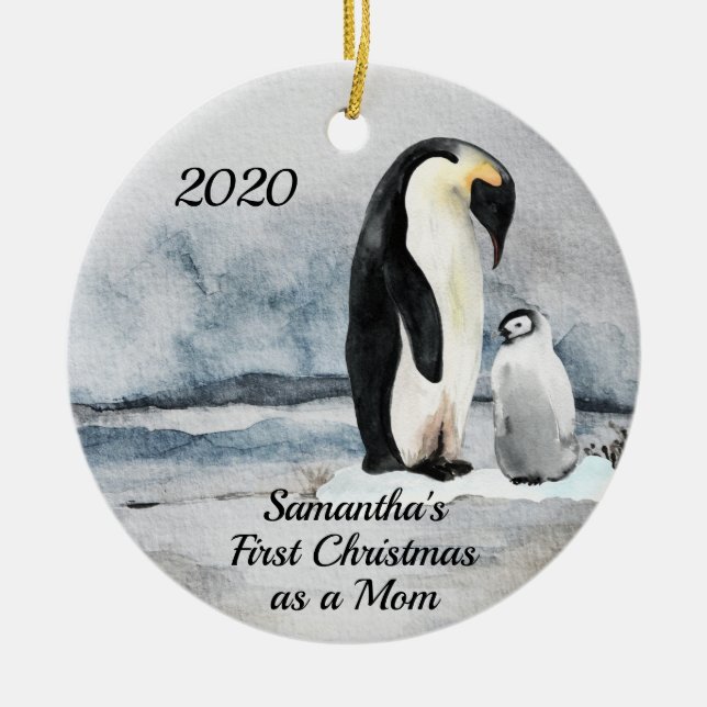 Erste Weihnachten als Mama Penguin und Baby Keramik Ornament (Vorne)