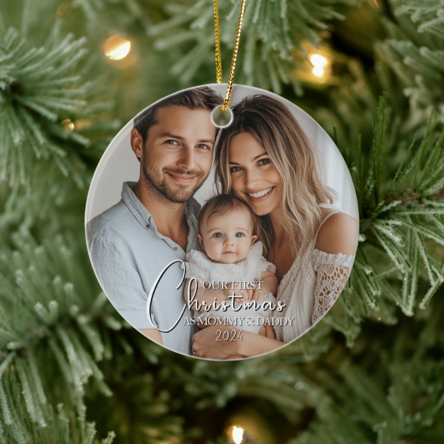 Erste Weihnachten als Mama und Papa Custom Foto Keramik Ornament (Baum)