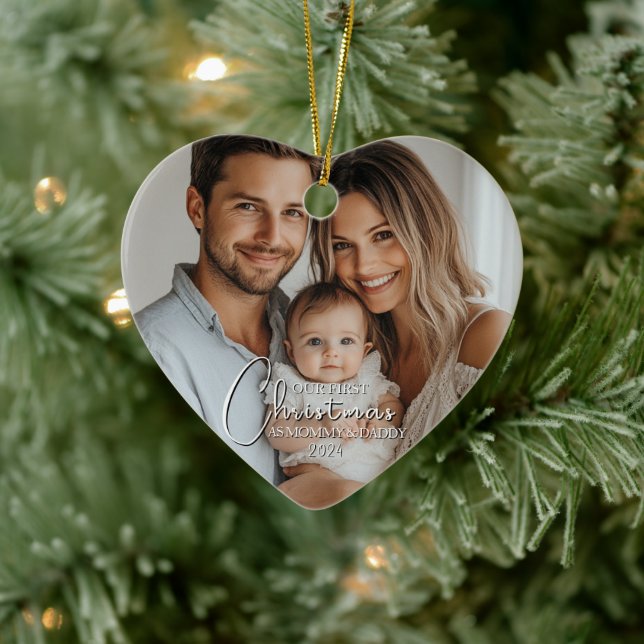 Erste Weihnachten als Mama und Papa Custom Foto Keramik Ornament (Baum)