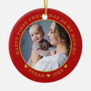 Erste Weihnachten als Mommy Baby Foto Rot und Gold Keramik Ornament
