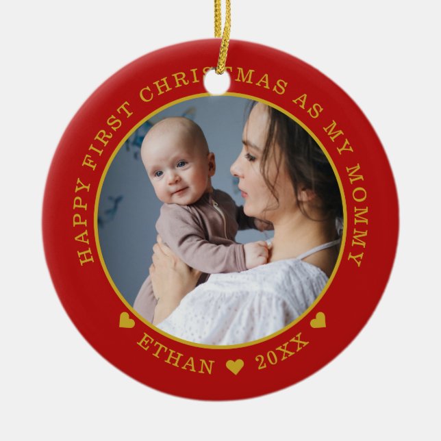 Erste Weihnachten als Mommy Baby Foto Rot und Gold Keramik Ornament (Vorne)