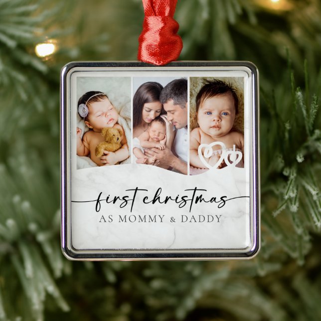 Erste Weihnachten als Mommy und Daddy Marble Foto Ornament Aus Metall (Baum)