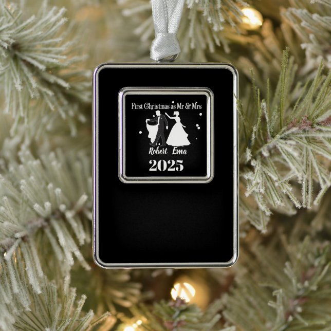 Erste Weihnachten als Mr. & Mrs. 2025 Personalisie Rahmen-Ornament Silber (Baum)