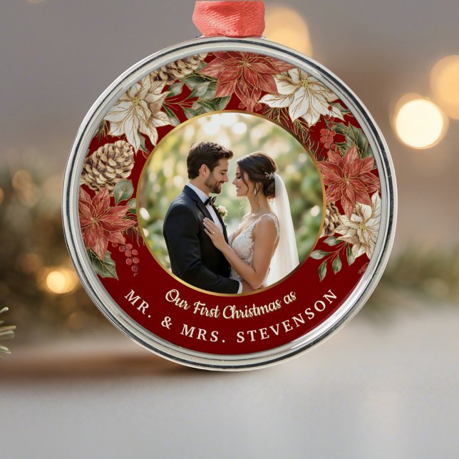 Erste Weihnachten als Mr. & Mrs. Floral Foto Ornament Aus Metall (Von Creator hochgeladen)