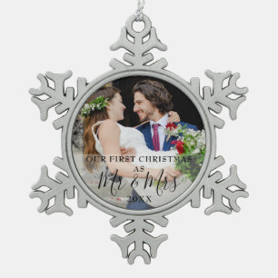 Erste Weihnachten als Mr. & Mrs. Foto Schneeflocken Zinn-Ornament
