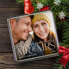 Erste Weihnachten als Mr. & Mrs. Modern Couple Fot Ornament Aus Metall