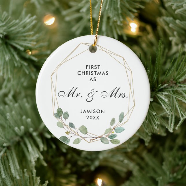 Erste Weihnachten als Mr. & Mrs. Personalisiert Gr Keramik Ornament (Baum)