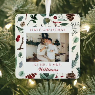 Erste Weihnachten als Mr. und Mrs. Botanical Foto Ornament Aus Metall