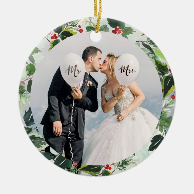 Erste Weihnachten als Mr. und Mrs. Custom Foto Keramik Ornament (Vorne)