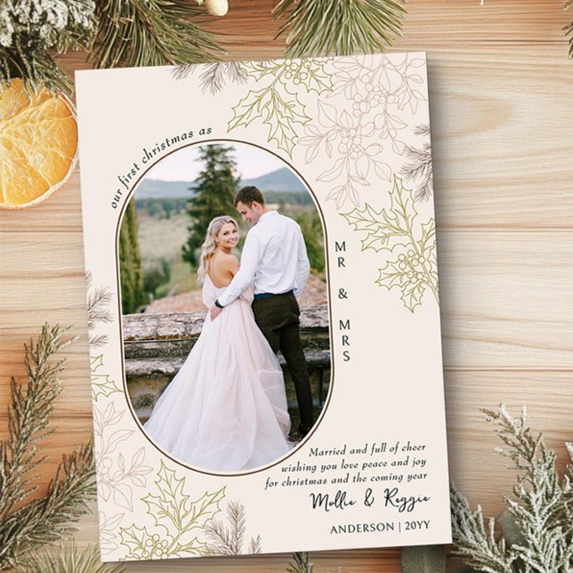 Erste Weihnachten als Mr. und Mrs. Oval Foto (First christmas as Mr and Mrs Christmas Photo Card by Darling & May)