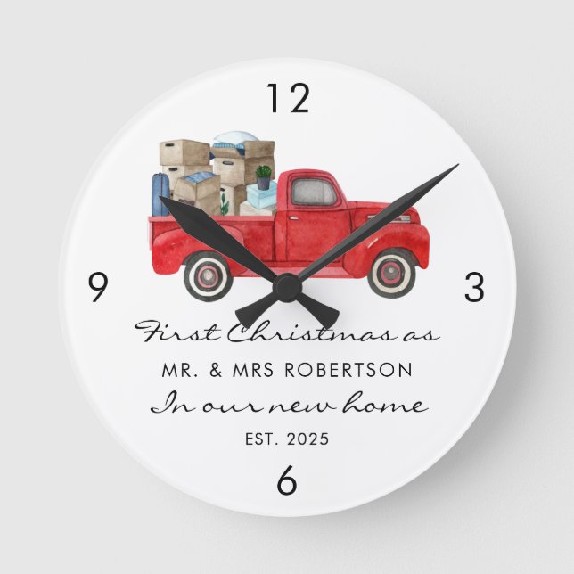 Erste Weihnachten als Mr. und Mrs. Red Truck neue  Runde Wanduhr (Vorderseite)